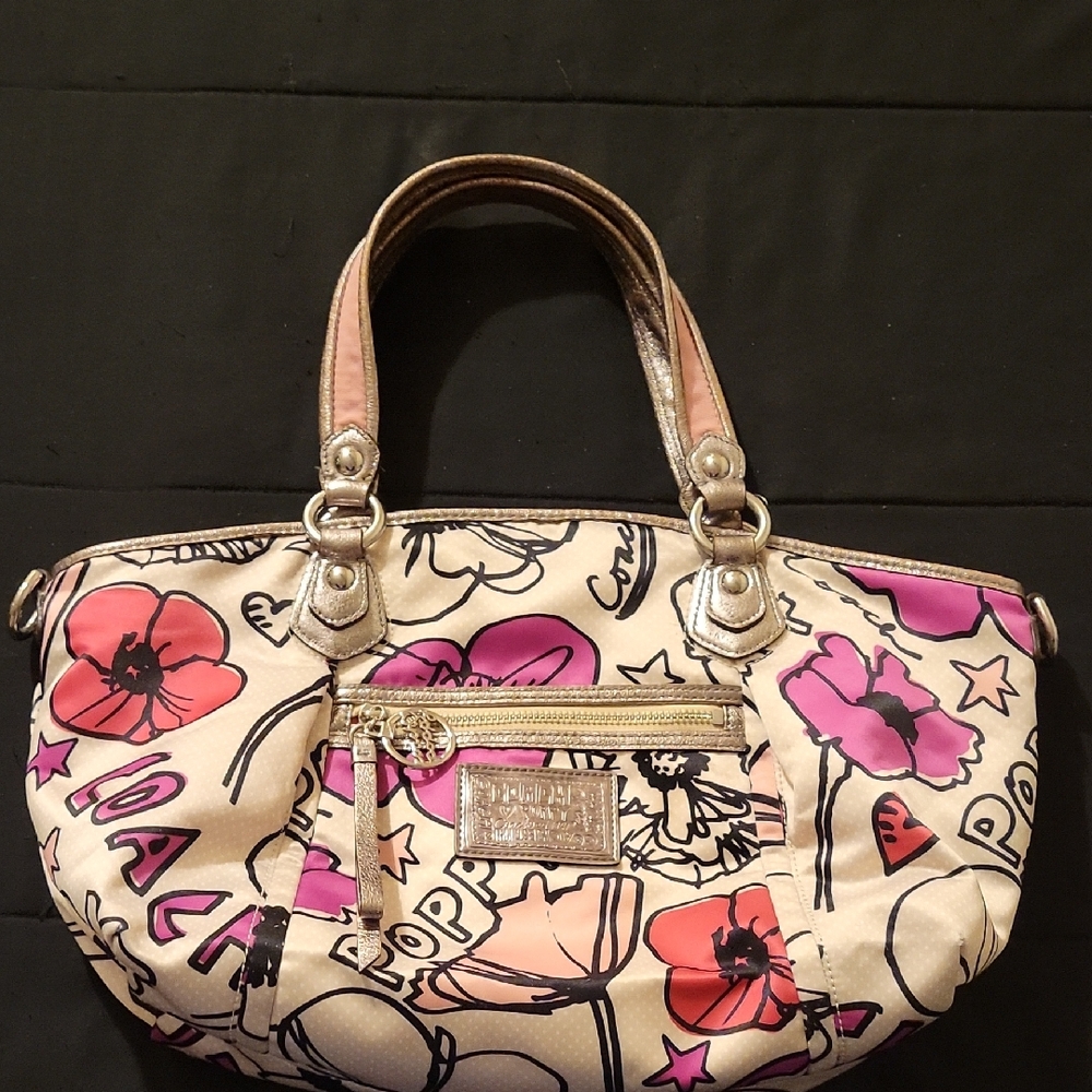 Coach Poppy Cream with White Dots and Pink,Red, and Purple Floral Design Purse